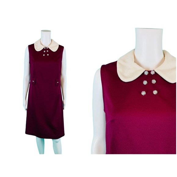 Vintage 1960s Mod Dress Maroon Peter Pan Collar | B 37" - Picture 2 of 10
